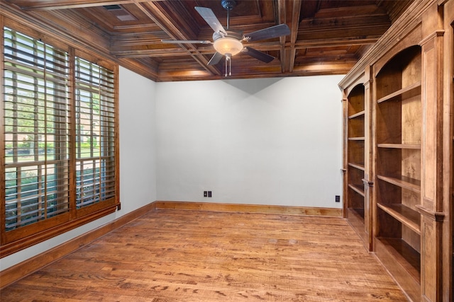 11560 Mirage Ln, Frisco, TX 75033 - below grade area featuring wood ceiling, wood finished floors, a ceiling fan, and ornamental molding