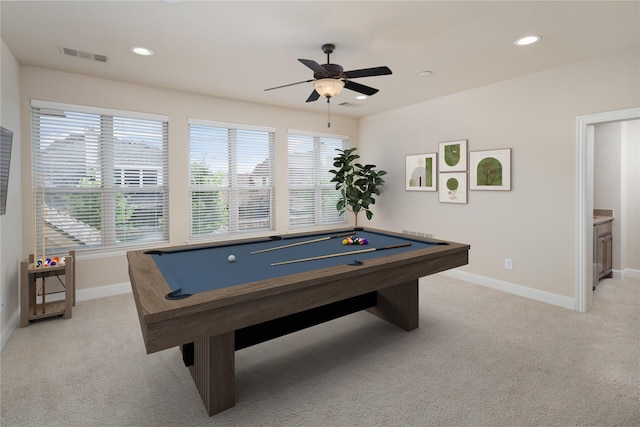 11560 Mirage Ln, Frisco, TX 75033 - recreation room featuring light colored carpet, ceiling fan, pool table, and recessed lighting