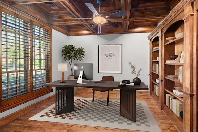 11560 Mirage Ln, Frisco, TX 75033 - office featuring a wooden ceiling with exposed beams, a ceiling fan, wood finished floors, crown molding, and coffered ceiling
