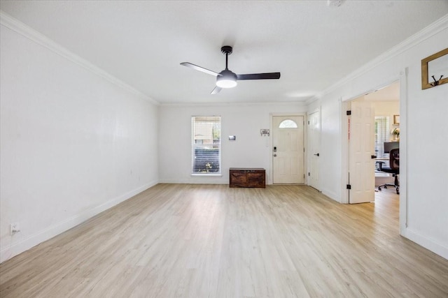 7920 Donegal Ln, North Richland Hills, TX 76180 - unfurnished living room featuring light wood finished floors, crown molding, ceiling fan, and an office area