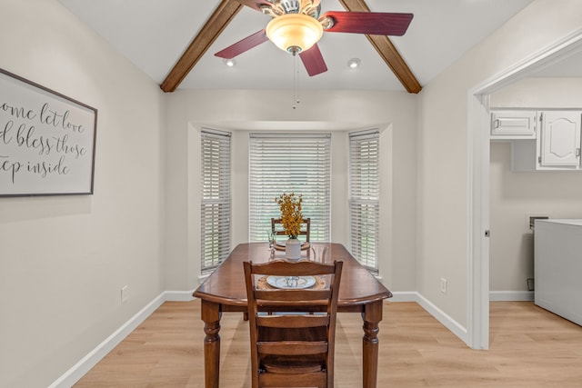 2305 Delmar Dr, Plano, TX 75075 - dining area with ceiling fan, light wood-style flooring, beamed ceiling, and recessed lighting