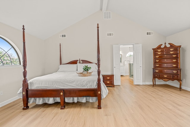 2305 Delmar Dr, Plano, TX 75075 - bedroom featuring light wood-style flooring, beam ceiling, and high vaulted ceiling