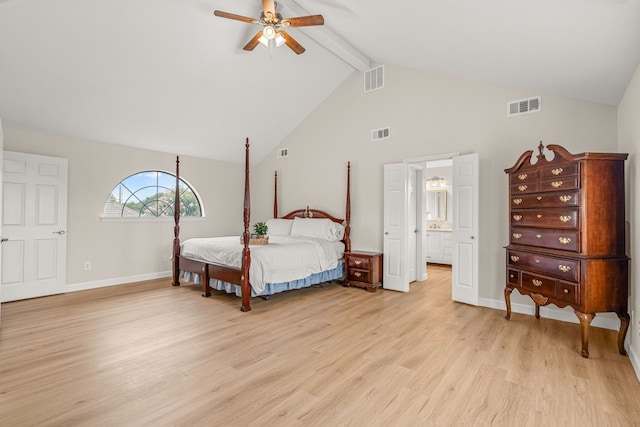 2305 Delmar Dr, Plano, TX 75075 - bedroom featuring beamed ceiling, light wood-style floors, a ceiling fan, and high vaulted ceiling