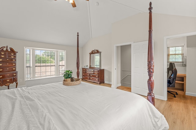 2305 Delmar Dr, Plano, TX 75075 - bedroom featuring light wood-style floors, high vaulted ceiling, and ceiling fan