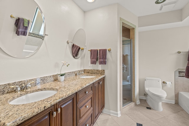 2305 Delmar Dr, Plano, TX 75075 - full bath featuring double vanity, a shower stall, tile patterned flooring, and a bathtub