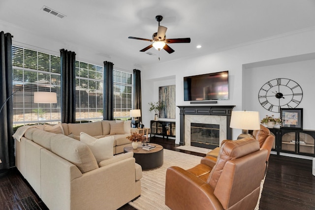 1809 Lake Glen Trl, Mansfield, TX 76063 - living area with a ceiling fan, dark wood-style flooring, a fireplace, and recessed lighting
