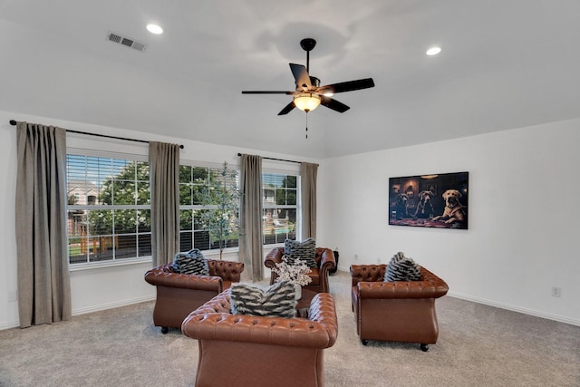 1809 Lake Glen Trl, Mansfield, TX 76063 - carpeted living room featuring a ceiling fan, recessed lighting, and vaulted ceiling