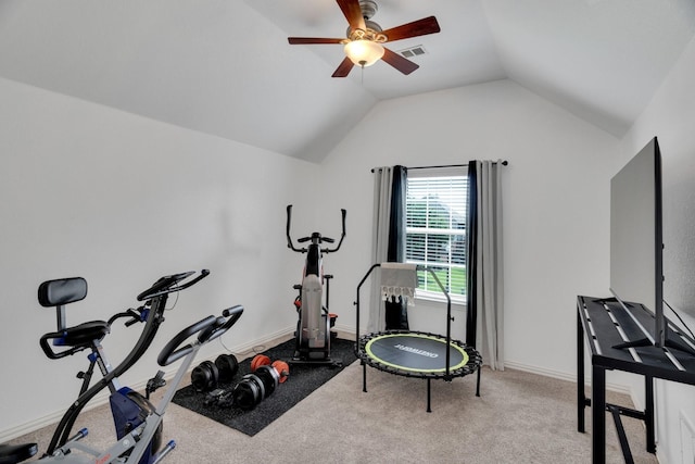 1809 Lake Glen Trl, Mansfield, TX 76063 - workout room featuring ceiling fan, lofted ceiling, and carpet floors