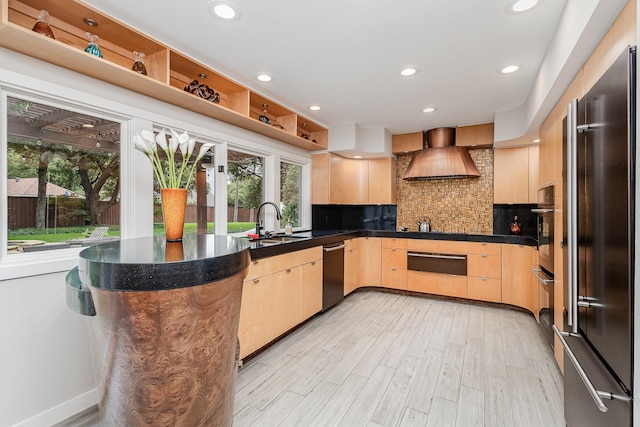 6141 Prestondell Ct, Dallas, TX 75240 - kitchen featuring custom exhaust hood, high quality fridge, light brown cabinets, dishwashing machine, and healthy amount of natural light