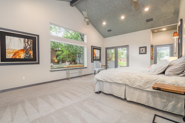 6141 Prestondell Ct, Dallas, TX 75240 - carpeted bedroom with high vaulted ceiling, recessed lighting, access to exterior, multiple windows, and beam ceiling