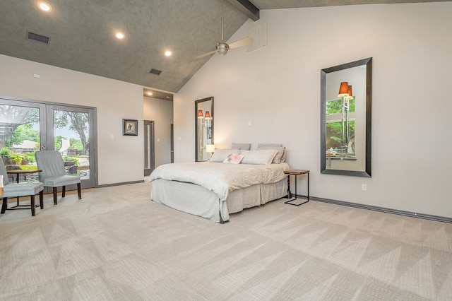 6141 Prestondell Ct, Dallas, TX 75240 - bedroom featuring high vaulted ceiling, light colored carpet, access to exterior, recessed lighting, and beam ceiling