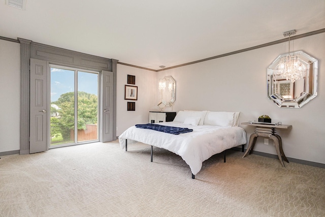6141 Prestondell Ct, Dallas, TX 75240 - bedroom with crown molding, a chandelier, access to outside, and light colored carpet