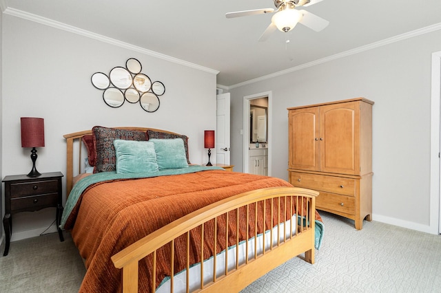 6141 Prestondell Ct, Dallas, TX 75240 - bedroom featuring light colored carpet, ornamental molding, and ceiling fan