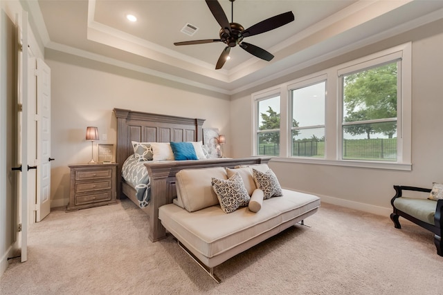 12480 Palmer Dr, Fort Worth, TX 76179 - bedroom featuring a tray ceiling, light carpet, multiple windows, and crown molding