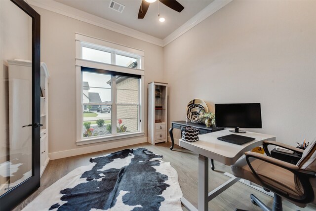 12480 Palmer Dr, Fort Worth, TX 76179 - office area with ornamental molding, wood finished floors, and a ceiling fan