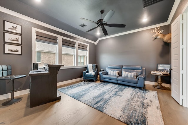 12480 Palmer Dr, Fort Worth, TX 76179 - office with ceiling fan, wood finished floors, crown molding, and recessed lighting