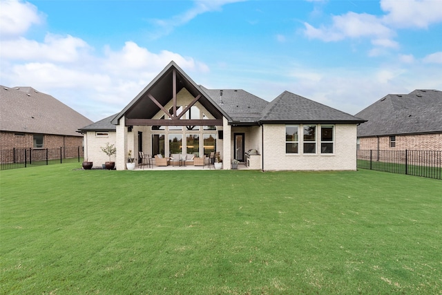 12480 Palmer Dr, Fort Worth, TX 76179 - back of house featuring an outdoor hangout area, brick siding, a patio, a fenced backyard, and a shingled roof