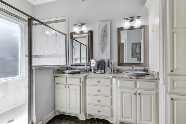 2310 Auburn Ct, Sherman, TX 75092 - full bathroom featuring a shower stall, double vanity, and ornamental molding