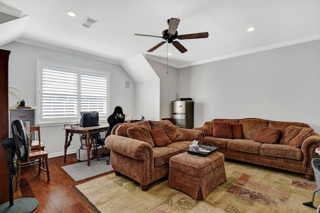 2310 Auburn Ct, Sherman, TX 75092 - living room featuring ceiling fan, hardwood / wood-style floors, a desk, crown molding, and water heater