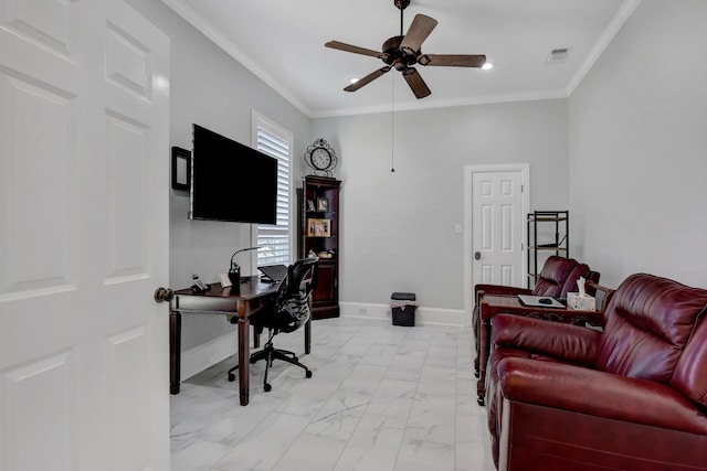 2310 Auburn Ct, Sherman, TX 75092 - office with ceiling fan, ornamental molding, and light marble finish floors