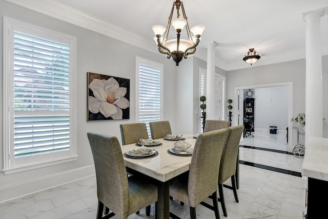 2310 Auburn Ct, Sherman, TX 75092 - dining room featuring light marble finish floors, ornate columns, ornamental molding, and a chandelier