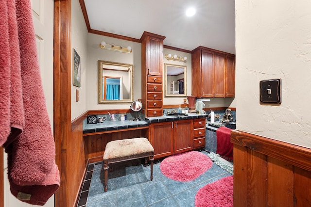 1605 County Road 1195, Yantis, TX 75497 - bathroom with crown molding, vanity, and tile patterned flooring