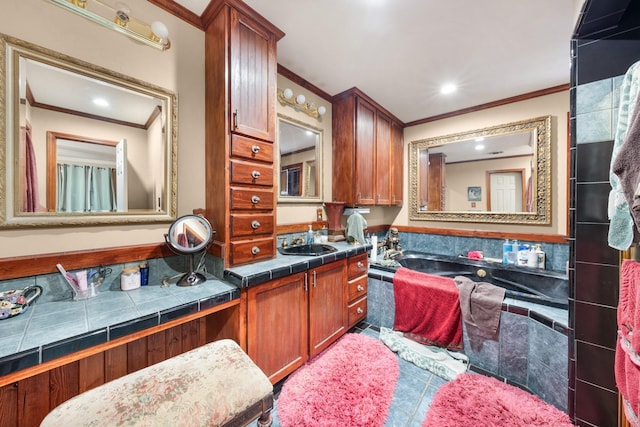 1605 County Road 1195, Yantis, TX 75497 - kitchen with crown molding, tile counters, tile patterned flooring, and brown cabinetry