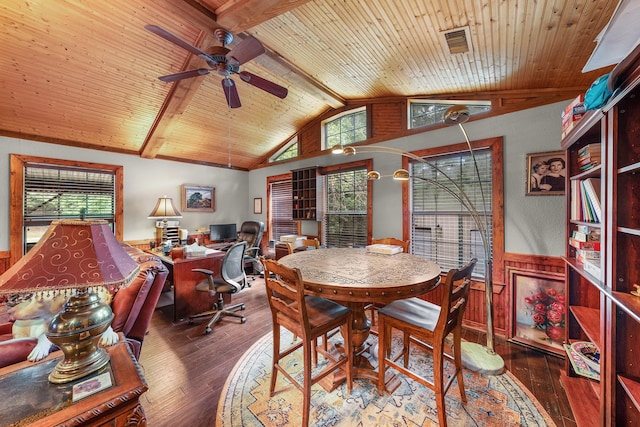 1605 County Road 1195, Yantis, TX 75497 - dining area featuring wainscoting, an office area, hardwood / wood-style floors, a ceiling fan, and wood ceiling