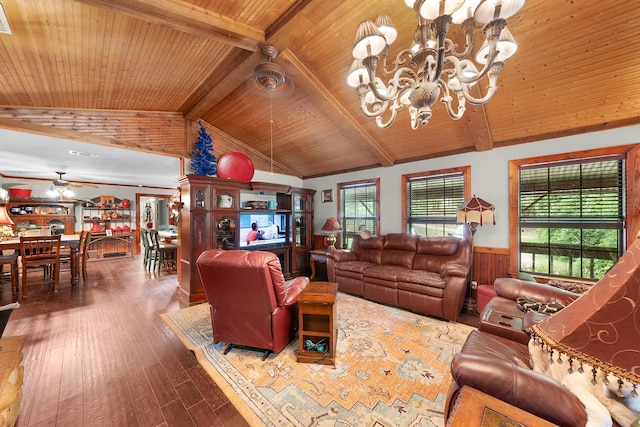1605 County Road 1195, Yantis, TX 75497 - living area featuring wood ceiling, wainscoting, wood finished floors, wood walls, and a chandelier