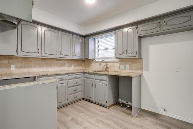 3925 Singleleaf Ln, Fort Worth, TX 76133 - kitchen featuring gray cabinets, backsplash, and light wood-type flooring