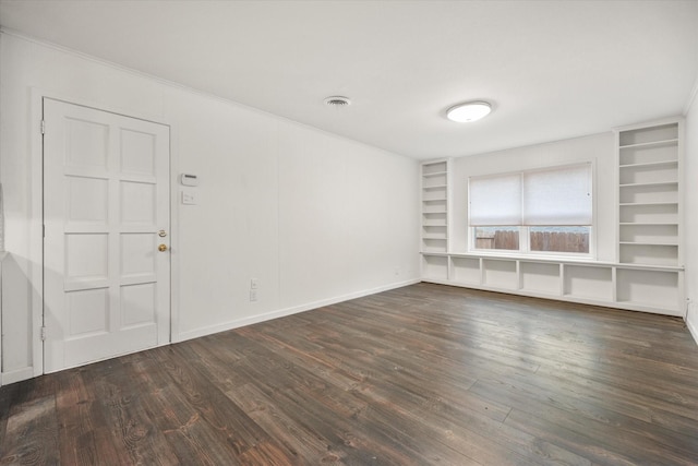 2250 Capri Dr, Fort Worth, TX 76114 - empty room featuring built in shelves, wood finished floors, and ornamental molding