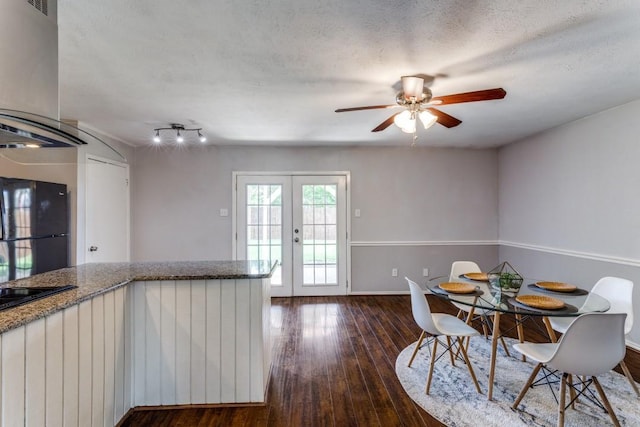 4113 Blue Flag Ln, Fort Worth, TX 76137 - dining area featuring dark wood-style floors, french doors, and ceiling fan