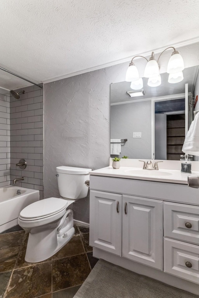 4113 Blue Flag Ln, Fort Worth, TX 76137 - bathroom featuring a textured wall, a textured ceiling, vanity, bathtub / shower combination, and stone finish flooring