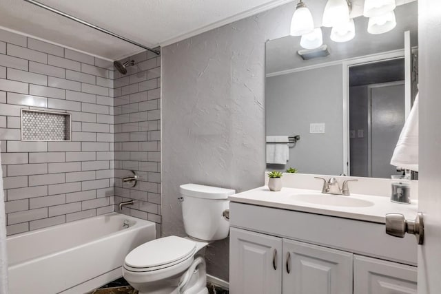 4113 Blue Flag Ln, Fort Worth, TX 76137 - bathroom with a textured wall, vanity, bathtub / shower combination, and crown molding