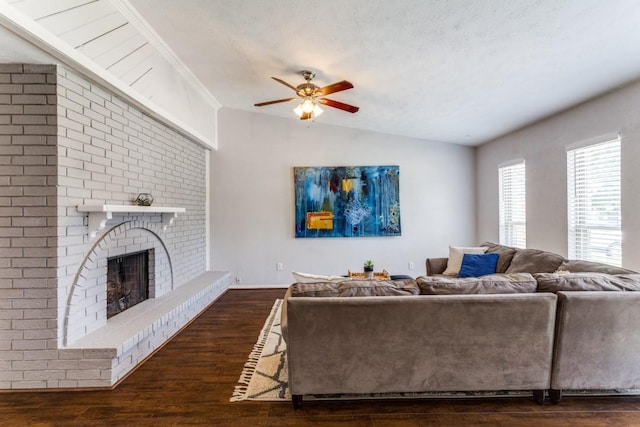 4113 Blue Flag Ln, Fort Worth, TX 76137 - living room with wood finished floors, ceiling fan, a brick fireplace, and lofted ceiling