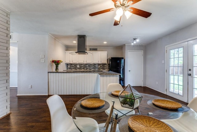 4113 Blue Flag Ln, Fort Worth, TX 76137 - dining space with dark wood-type flooring, ceiling fan, french doors, and recessed lighting