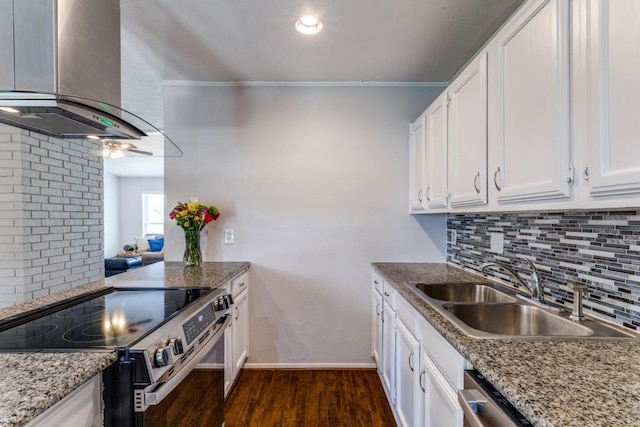 4113 Blue Flag Ln, Fort Worth, TX 76137 - kitchen with appliances with stainless steel finishes, island range hood, dark wood-type flooring, decorative backsplash, and white cabinets