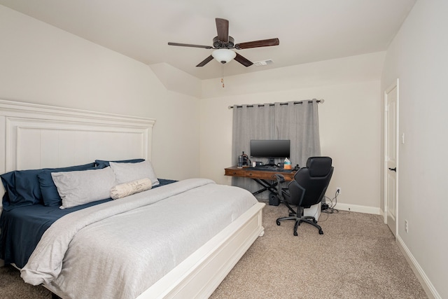 1251 Castle Dr, Prosper, TX 75078 - bedroom featuring light carpet, an office area, a ceiling fan, and lofted ceiling