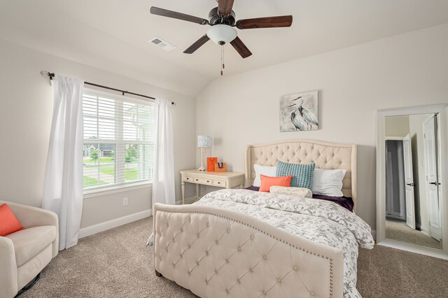 1251 Castle Dr, Prosper, TX 75078 - bedroom with light carpet, lofted ceiling, and a ceiling fan