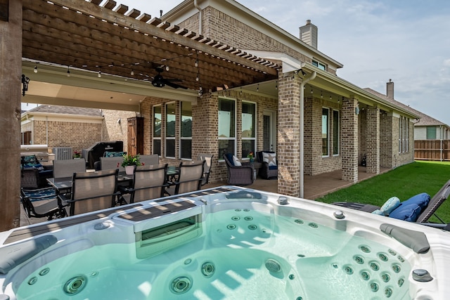 1251 Castle Dr, Prosper, TX 75078 - view of patio with ceiling fan, a pergola, an outdoor living space, and a hot tub