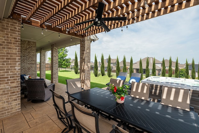 1251 Castle Dr, Prosper, TX 75078 - fenced backyard featuring a pergola, outdoor dining area, a patio area, ceiling fan, and a hot tub