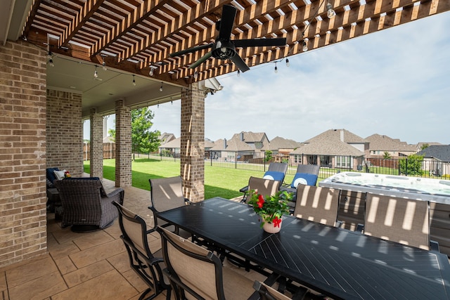 1251 Castle Dr, Prosper, TX 75078 - fenced backyard featuring a residential view, a pergola, outdoor dining area, and a patio