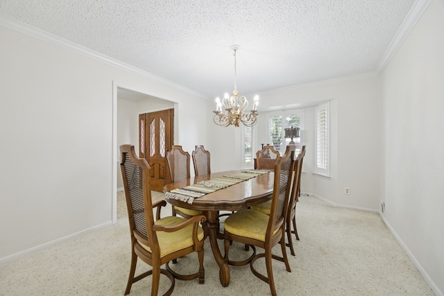 1301 Warwick St, Garland, TX 75040 - dining space featuring a chandelier, light carpet, ornamental molding, and a textured ceiling