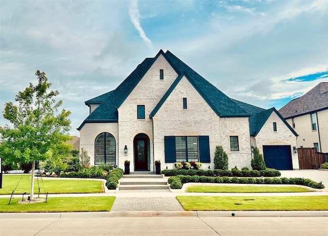 3791 Marble Hill Rd, Frisco, TX 75034 - french country home featuring driveway, a front yard, a garage, brick siding, and stone siding