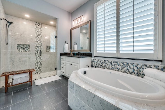 3791 Marble Hill Rd, Frisco, TX 75034 - bathroom with a stall shower, vanity, a bath, and tile patterned flooring
