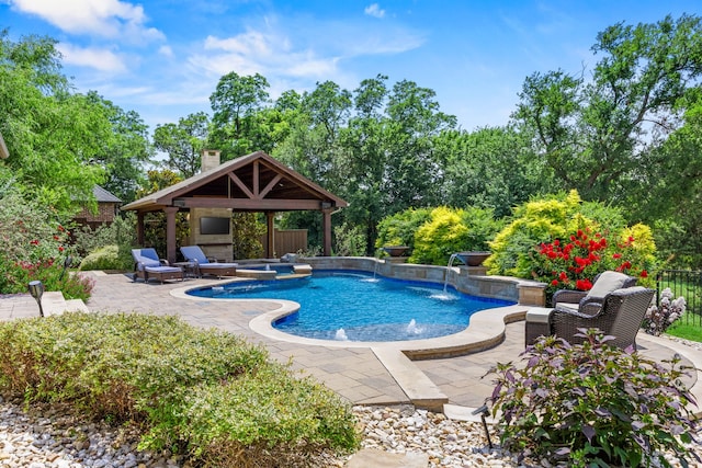 881 Derick Ln, Prosper, TX 75078 - view of swimming pool with a gazebo, a patio area, and view of scattered trees