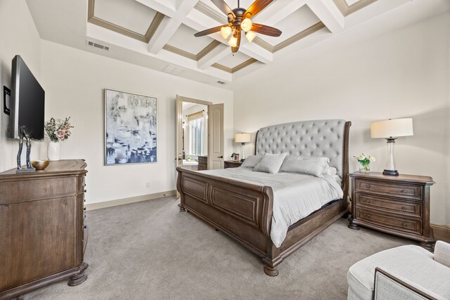 881 Derick Ln, Prosper, TX 75078 - bedroom featuring coffered ceiling, light carpet, beam ceiling, and a ceiling fan