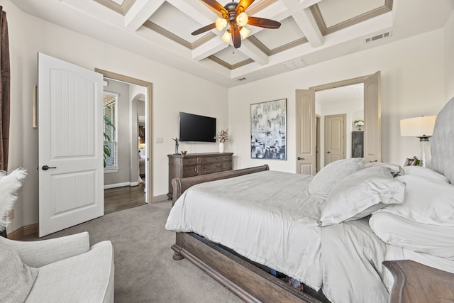 881 Derick Ln, Prosper, TX 75078 - bedroom featuring coffered ceiling, carpet floors, beamed ceiling, and a ceiling fan