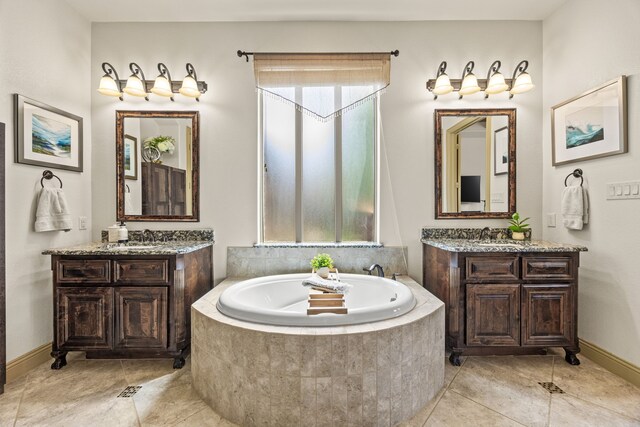 881 Derick Ln, Prosper, TX 75078 - full bath with tile patterned flooring, two vanities, and a bath