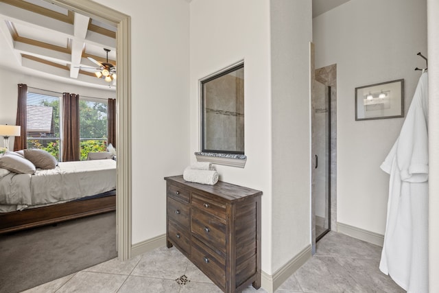 881 Derick Ln, Prosper, TX 75078 - bedroom featuring coffered ceiling, light tile patterned floors, beam ceiling, and light carpet